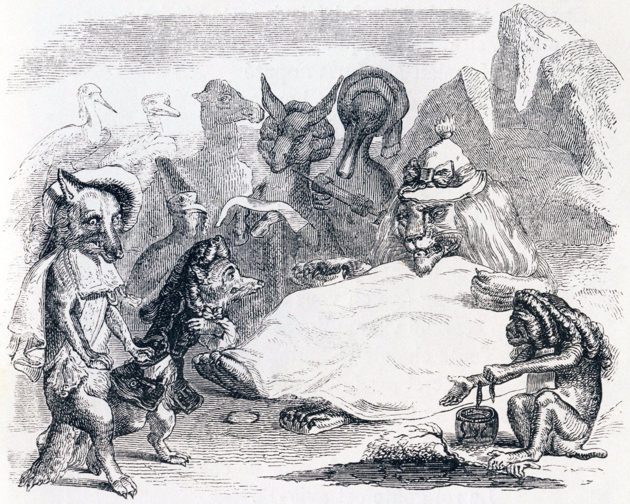 Løven, ulven og ræven (le lion, le loup et le renard) - Fabler af La Fontaine af Grandville