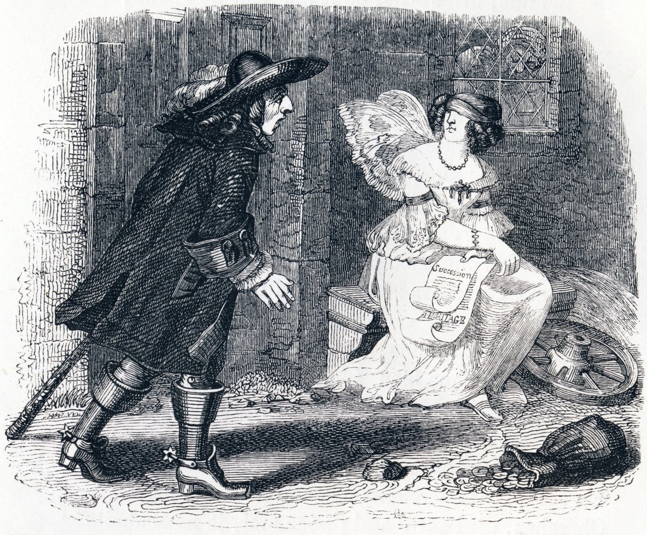 Manden, der løber efter sin formue, og ham, der bliver i sin seng - Fabler af La Fontaine af Grandville