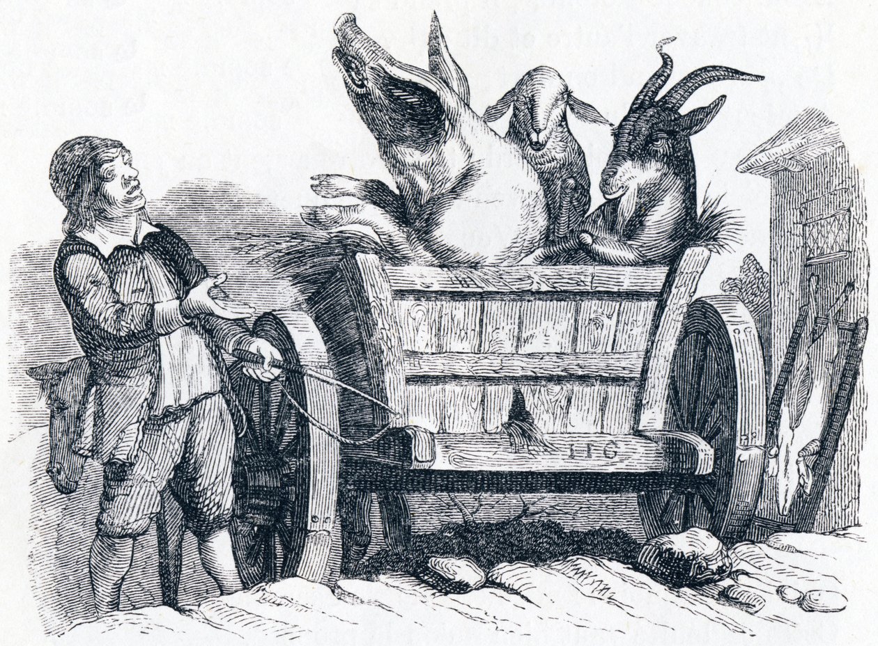 Grisen, geden og fåret (le cochon, la chèvre et le mouton) - Fabler af La Fontaine af Grandville