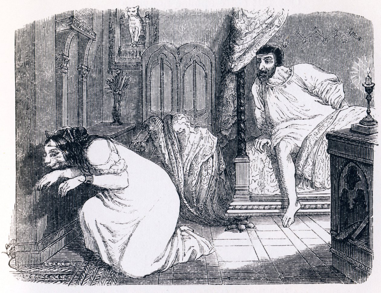 Kusse ændrede sig til en kvinde (La chatte metamorphose en femme) - Fabler af La Fontaine af Grandville