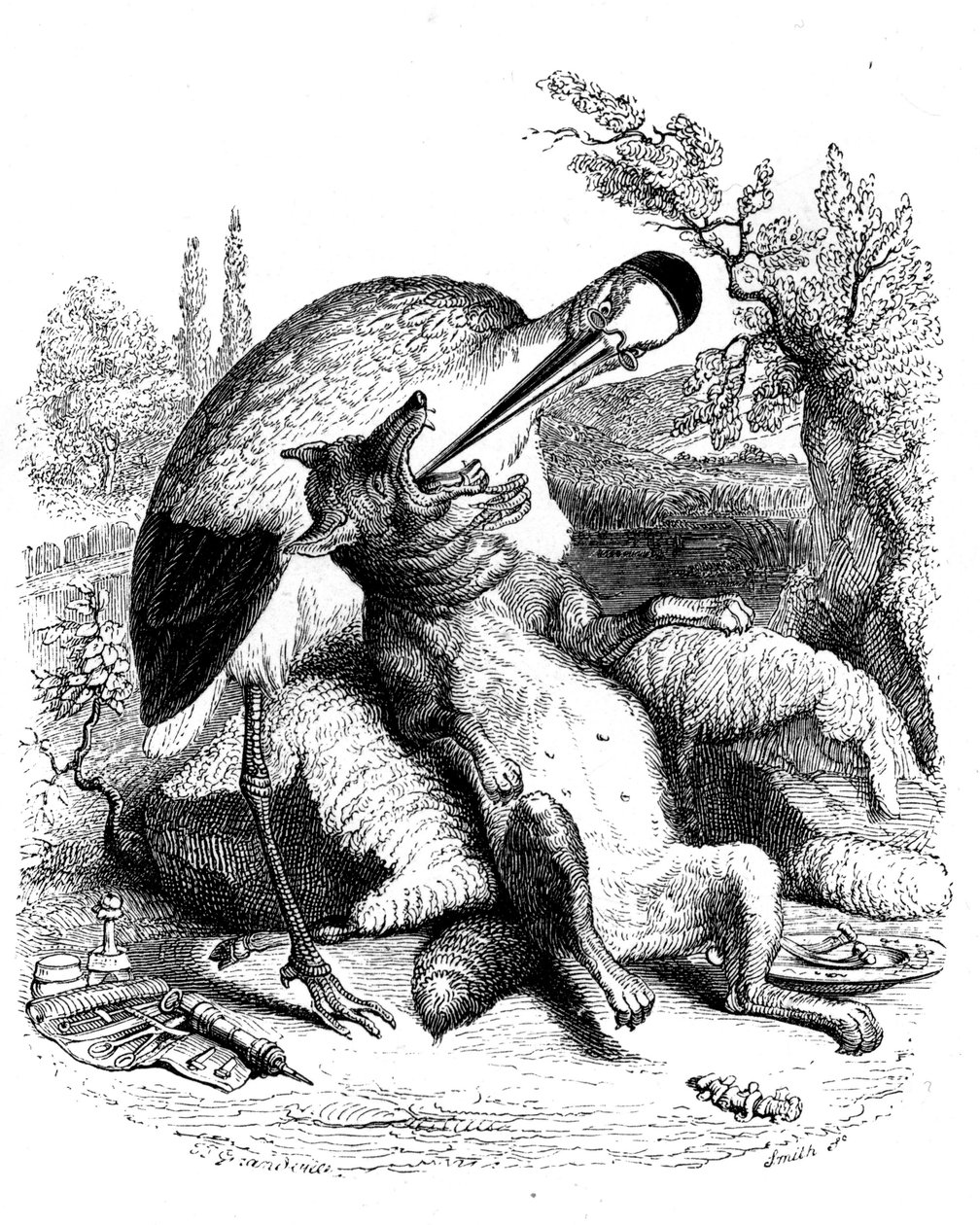 Ulven og storken: La Fontaine-fabel illustreret af Grandville. Edition Garnier 1860. Storken fremstilles som læge (forkert belønning for hans udskejelser!). af Grandville (1803 47)