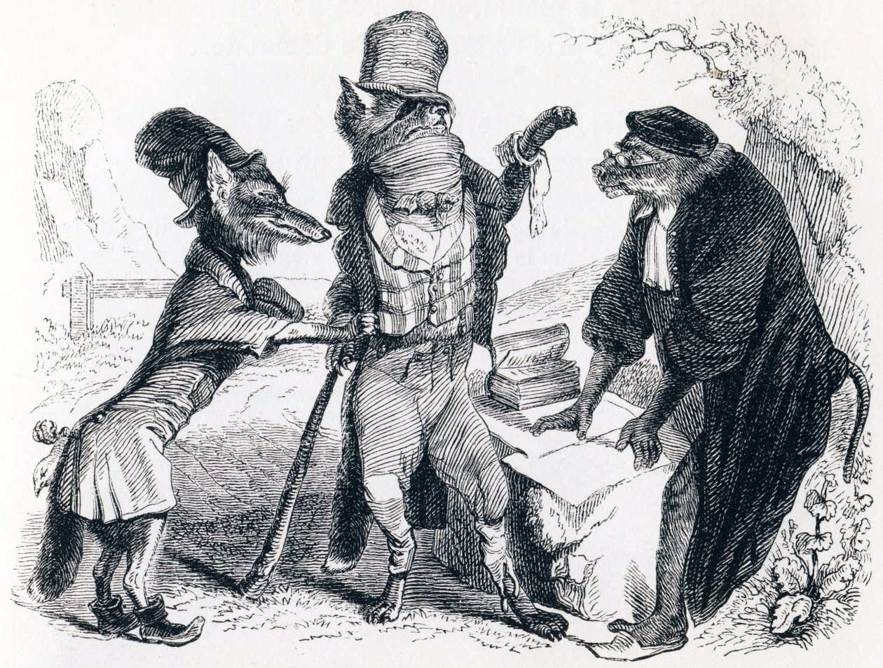 Ulven trygler mod ræven foran aben - Fabler af La Fontaine af Grandville