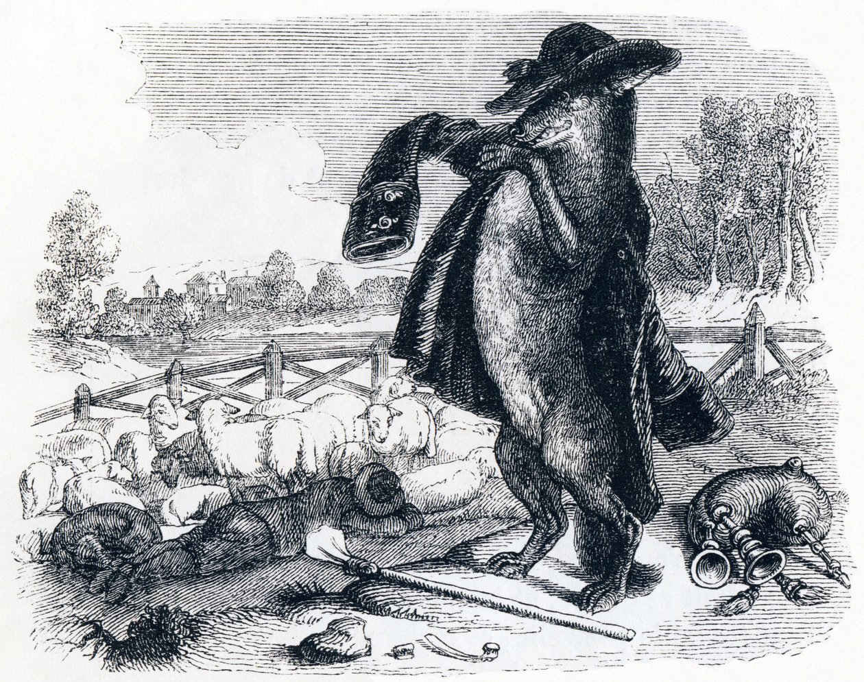 Ulven, der bliver hyrde (Le loup devenu berger) - Fabler af La Fontaine af Grandville