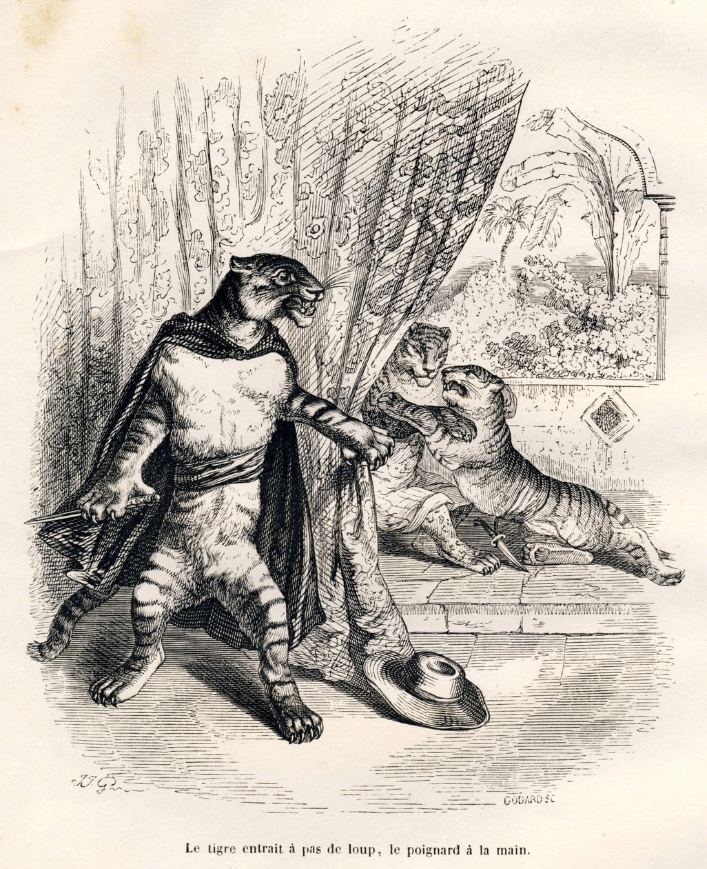 Tiger på vej ind på scenen med dolk i hånden. Vignetter illustreret af JJ Granville. Indgravering signeret Godard i delen med titlen "Den første pistolserie" skrevet af Jules Janin i "Scener af dyrenes private og offentlige liv". Paris, J.H af Grandville