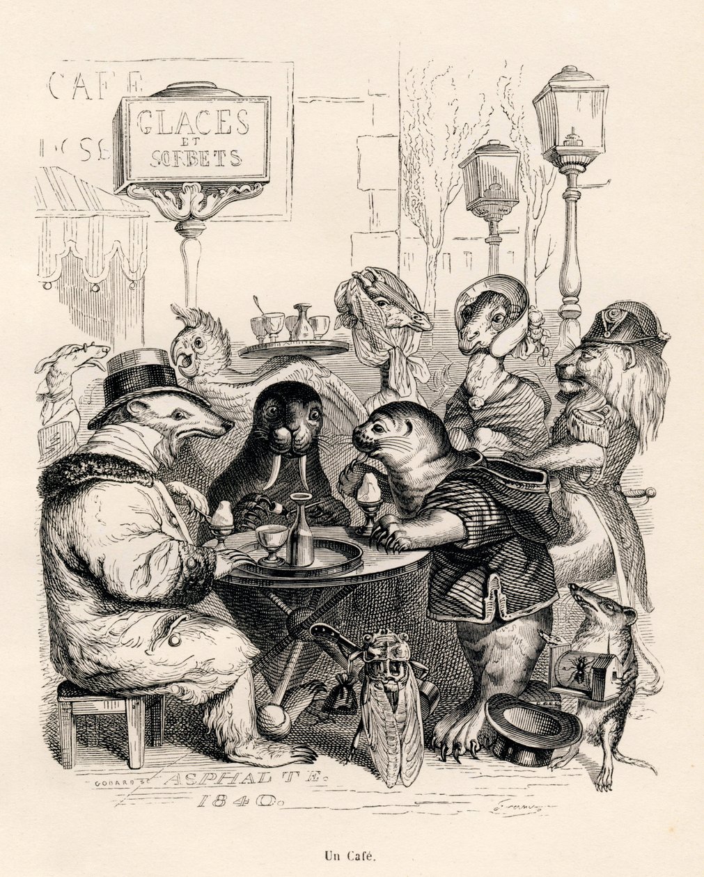 En cafe frekventeret af dyr af enhver art. Miniaturer illustreret af JJ Granville. Indgravering signeret Godard i delen med titlen "En afrikansk løves rejse til Paris" skrevet af Honore de Balzac i "Scener fra dyrenes private og offentlige liv". P af Grandville