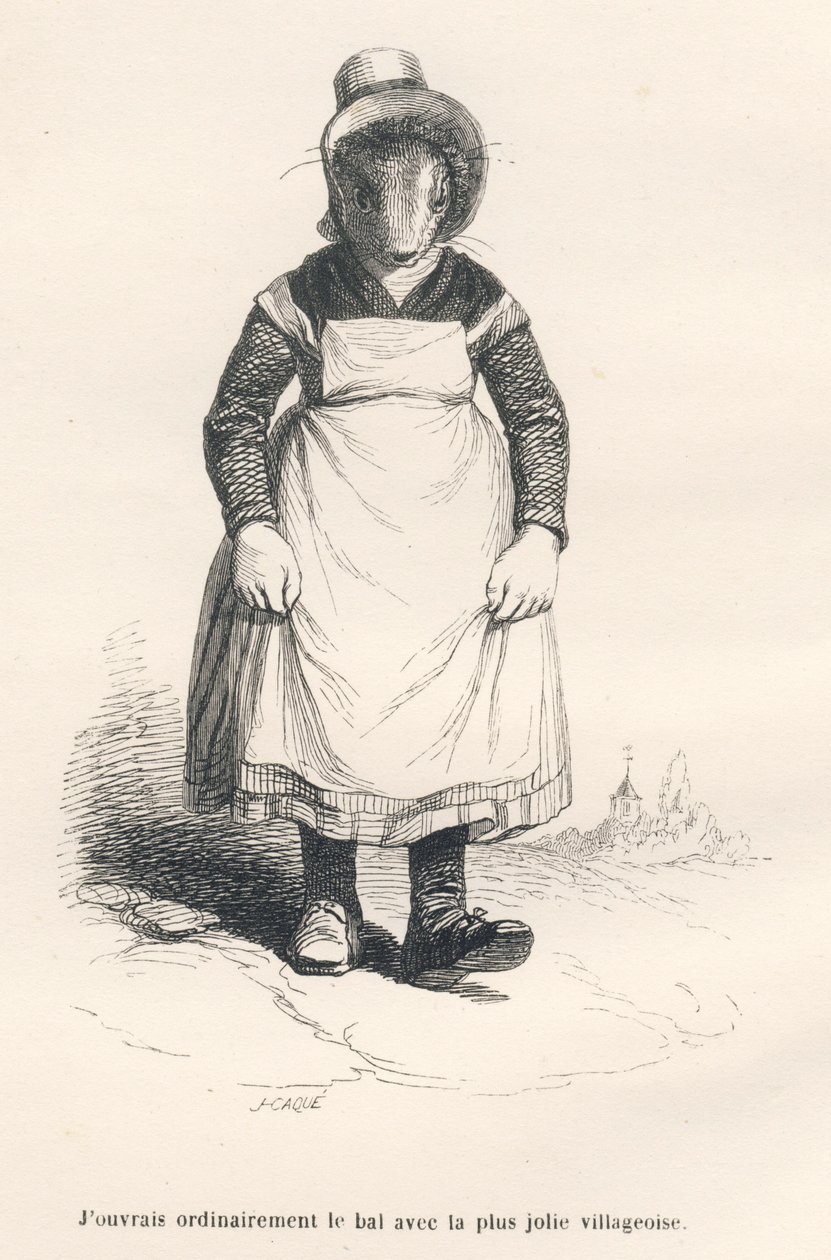 Landsbyboer går til bal. Vignetter illustreret af JJ Granville. Indgravering signeret Caque i delen med titlen "Bjørnen eller brevet skrevet fra bjerget" skrevet af L. Baude i "Scener af dyrenes private og offentlige liv". Paris, J. Hetzel og Pauli af Grandville