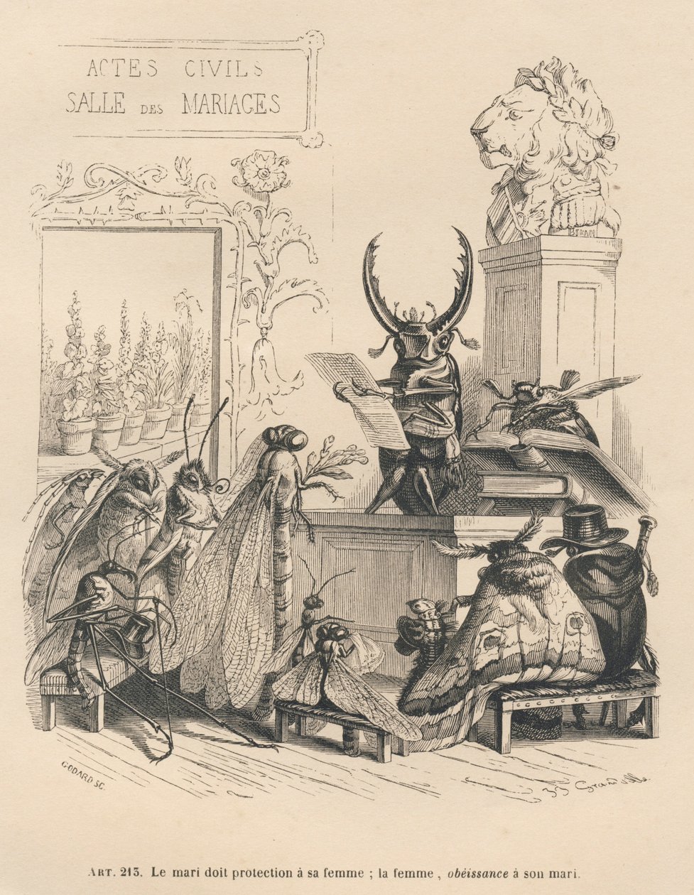 Insekts bryllupsløfter. Miniaturer illustreret af JJ Granville. Indgravering signeret Godard i delen med titlen "En sommerfugls eventyr" skrevet af PJ Stahl i "Scener fra dyrenes private og offentlige liv". Paris, J. Hetzel og Paulin af Grandville