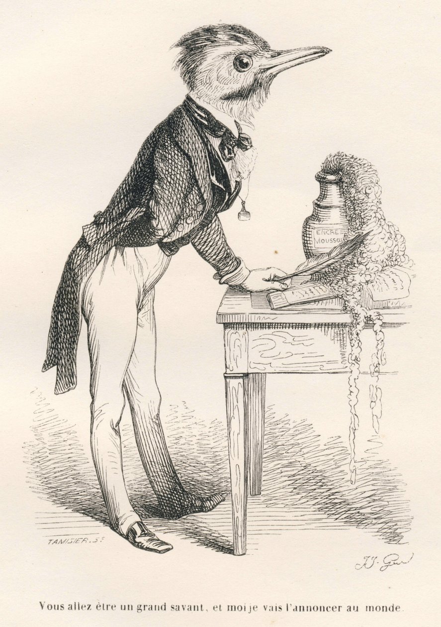 Du vil blive en stor lærd, og jeg vil bekendtgøre det til verden. Vignetter illustreret af JJ Granville. Gravering signeret Tamisier i sektionen med titlen "Guide-ass for the use of animals who want to achieve æres" skrevet af Honore De Balzac i af Grandville