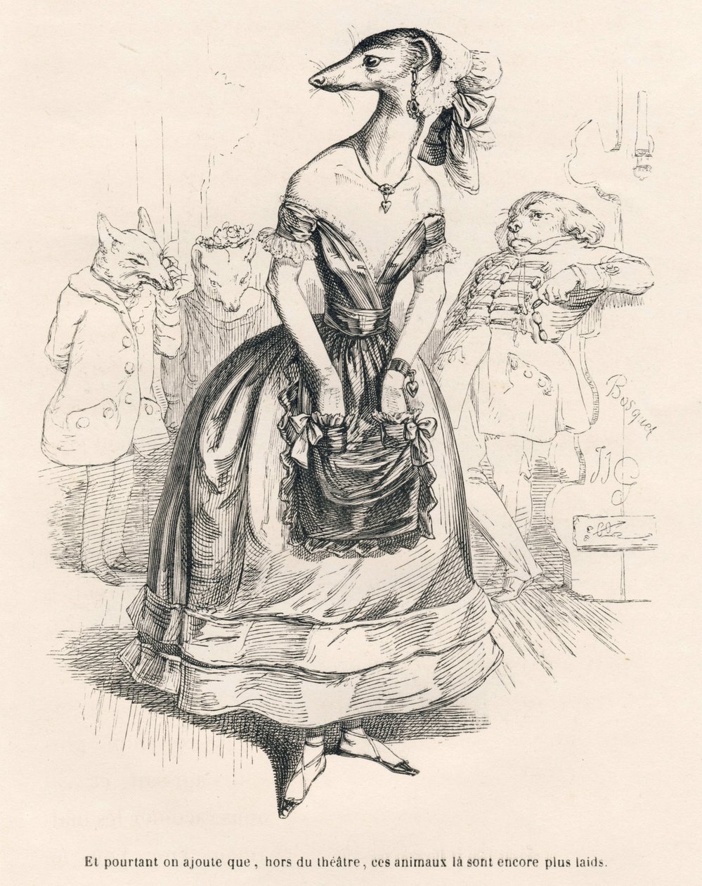 ... uden for teatret er disse dyr endnu grimmere. Vignetter illustreret af JJ Granville. Gravering signeret Godard i den del med titlen "Le premier feuilleton de Pistolet" skrevet af Jules Janin i "Scenes de la vie privee et publique des animaux". af Grandville
