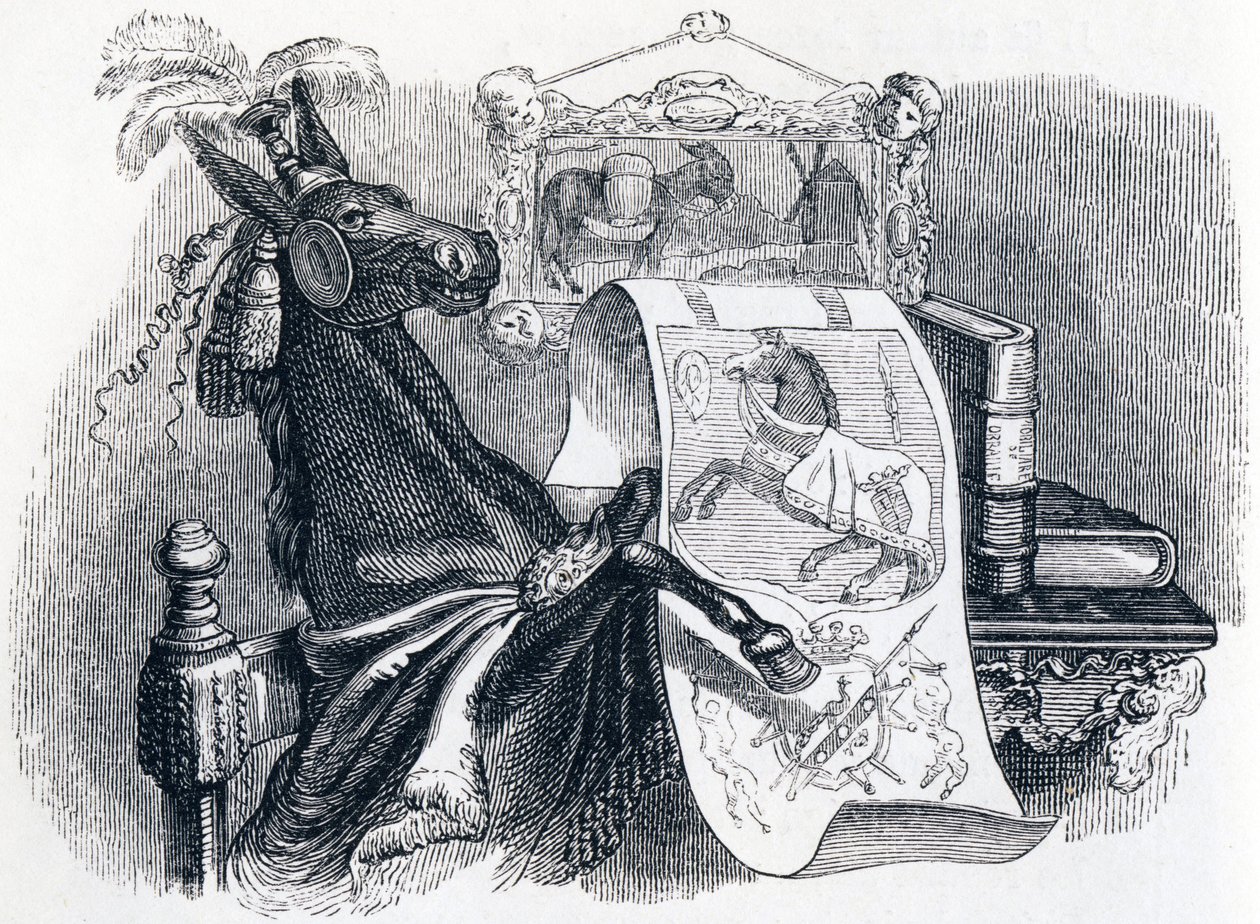 muldyret praler af sin genealogi (Le mulet se vantant de sa genealogie) - Fabler af La Fontaine af Grandville