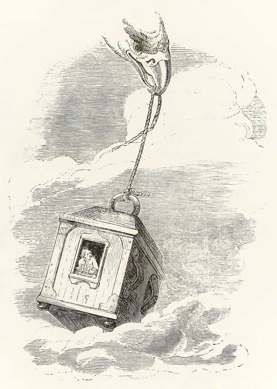 Gulliver undslipper Brobdingnag, da hans æske bliver grebet af en ørn, der taber den i havet, fra Gullivers Travels af Jonathan Swift af Grandville