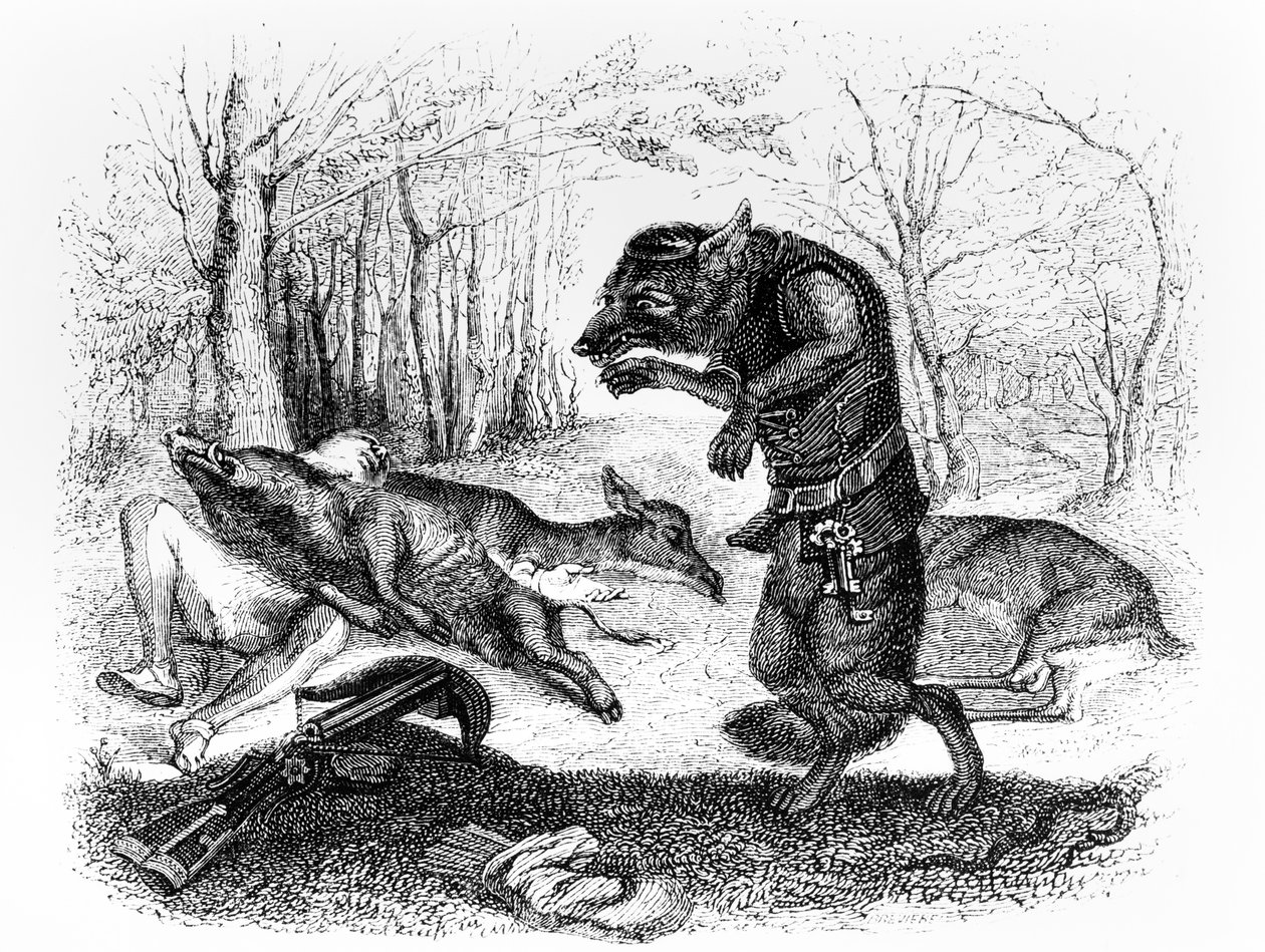 Ulven og jægeren, illustration til La Fontaines "Fables", udgivet af H. Fournier Aine, 1838 af Grandville