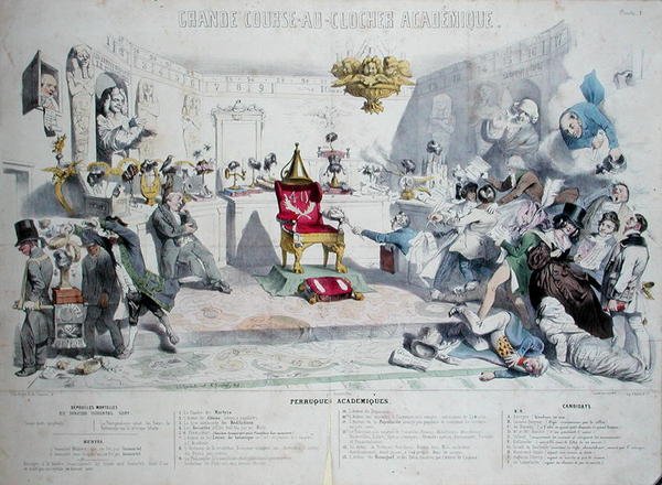 Grande Course au Clocher Academique, karikatur forestillende Institut de France, 1839 (se også 218693) (farvegravering) af Grandville 1803 47 after Grandville 1803 47 after