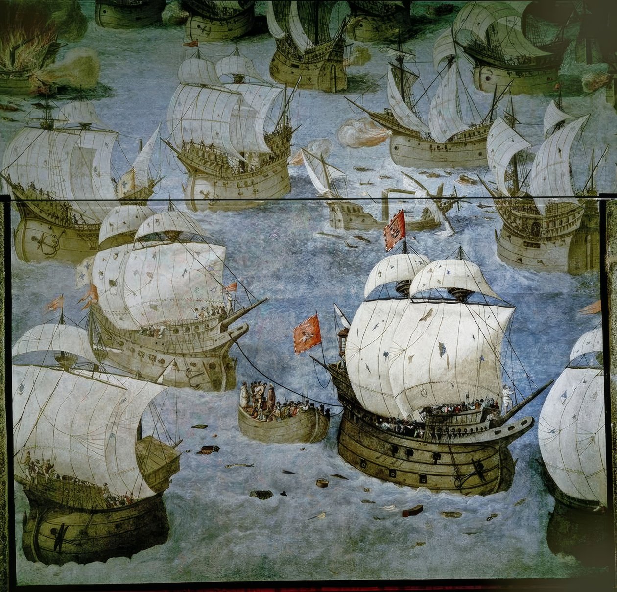 SØSLAG PÅ AZORERNE (1571) - EROBELSE AF DEN TREDJE Ø - FRISK MALERI 1585 - GENOPLAGT af Granello Tavaron Castello y Cambiasso
