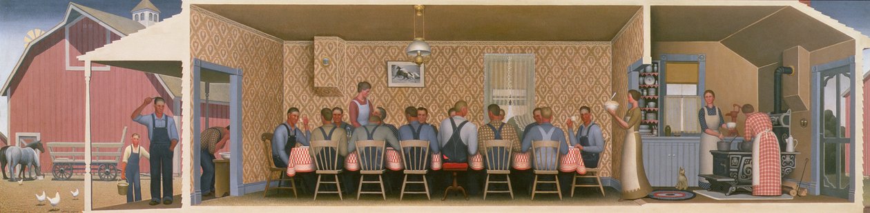 Middag for Threshers, 1934 (olie på træplade) af Grant Wood