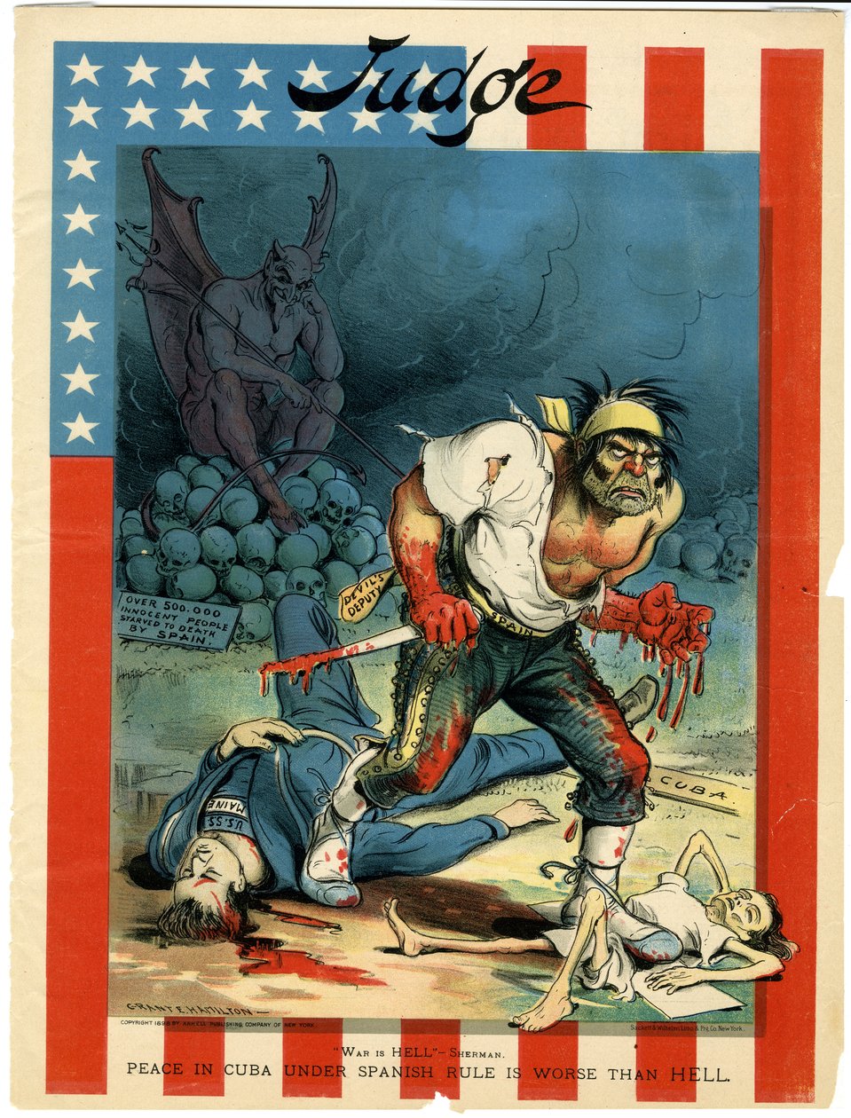 Krig er helvede - Sherman, fred i Cuba under spansk styre er værre end helvede, illustration fra dommer, 30. april, 1898 af Grant E. Hamilton