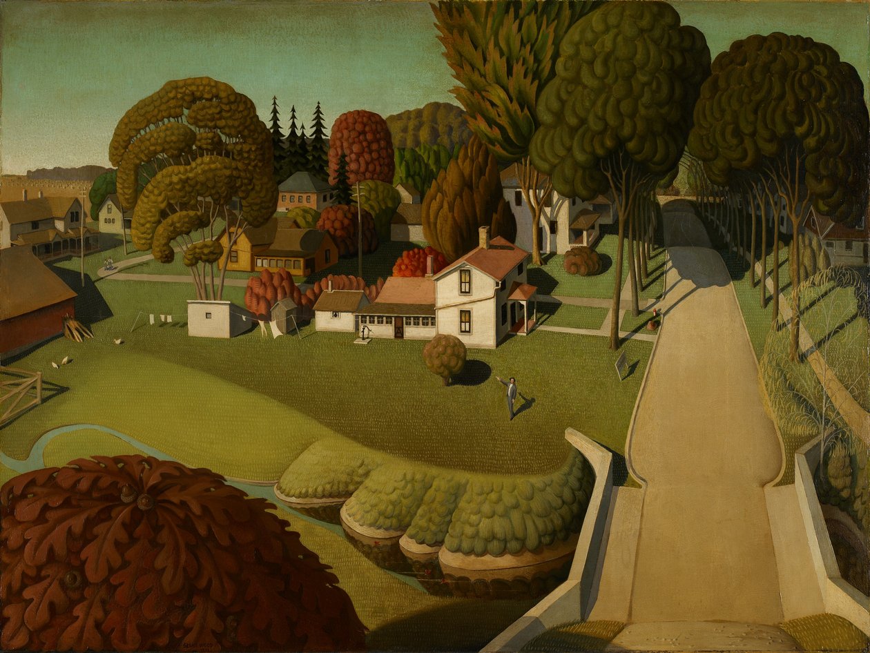Herbert Hoovers fødested, West Branch, Iowa, 1931 (olie på masonit) af Grant Wood