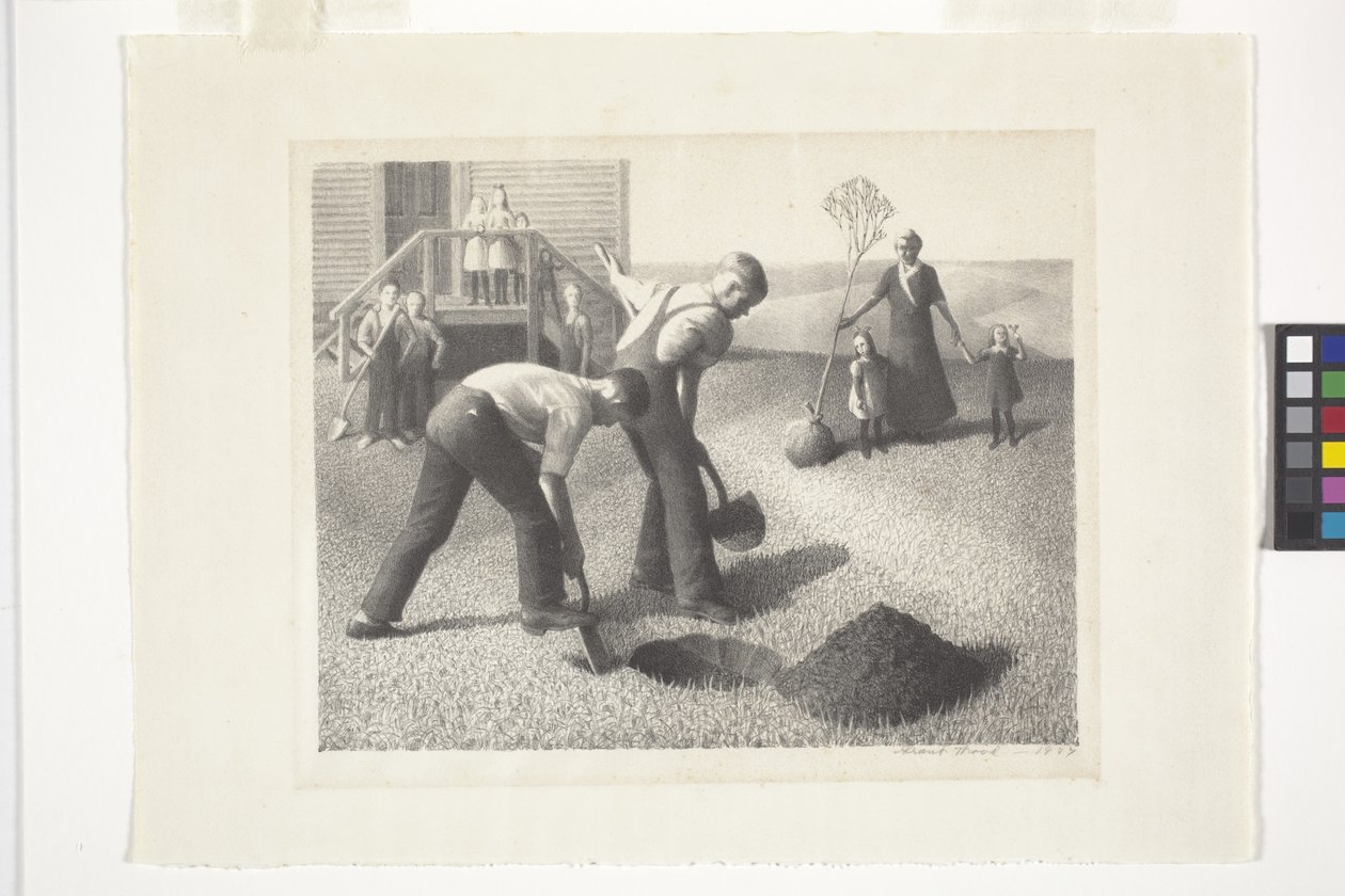 Træplantningsgruppe (litografi) af Grant Wood