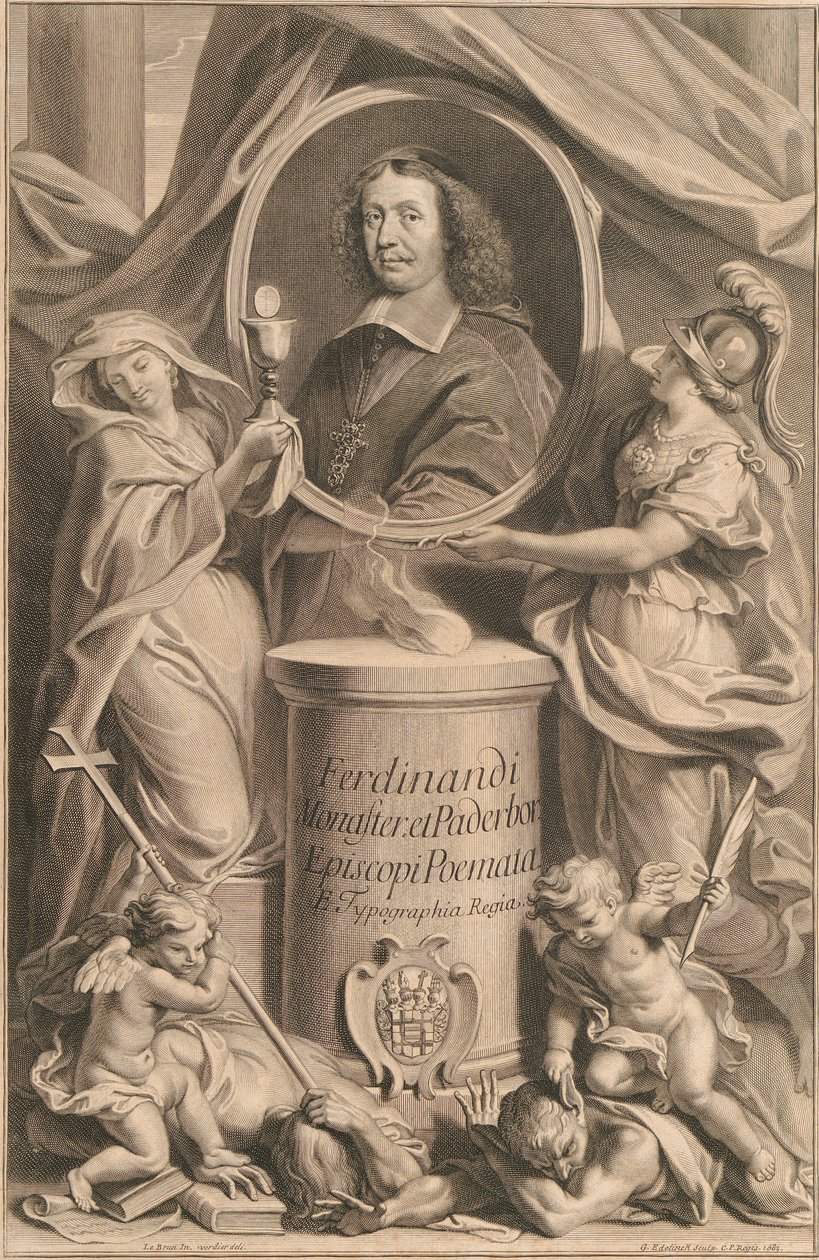 To kvindefigurer, religion og visdom, holder portrættet af Ferdinand von Fürstenberg, mens deres genier, kætteri og uvidenhed falder til jorden for deres fødder. af Gérard Edelinck