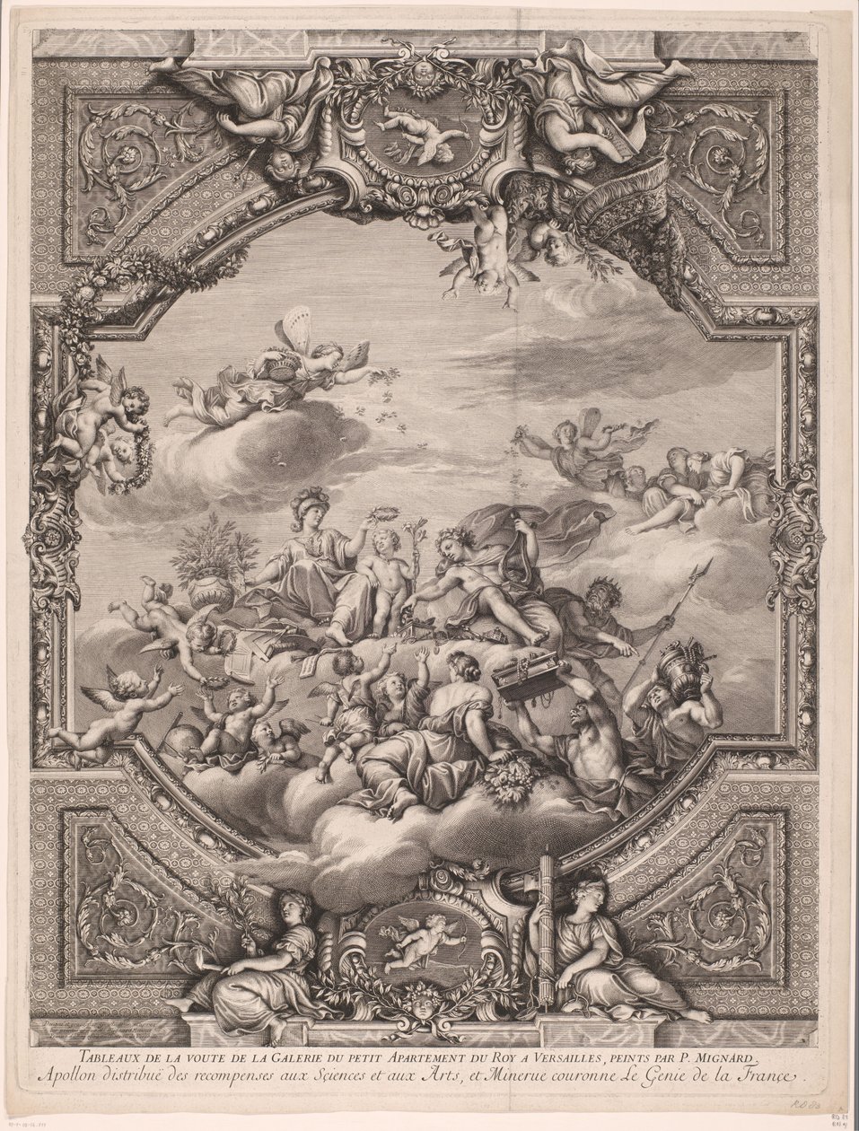 Apollo uddeler belønninger og Minerva kroner Frankrigs genialitet Apollon distirbuë des recompenses aux Sciences et aux Arts, et Minerve couronne le Genie de la France (titel på objekt) Loftsmalerier i slottet i Versailles (serietitel) af Gérard Audran