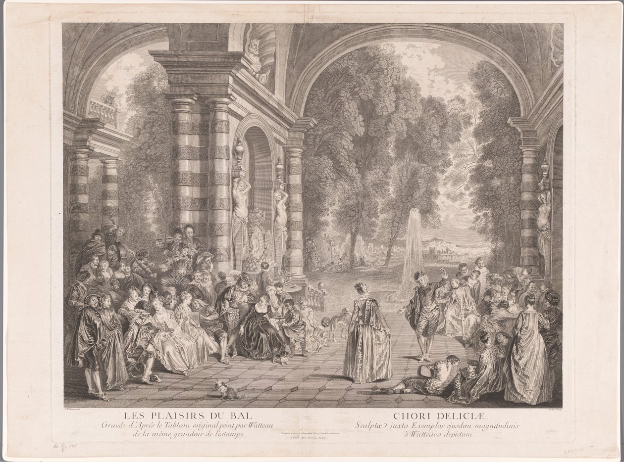 Elegant selskab på en terrasse med udsigt over en park Les Plaisirs du Bal (titel på objekt) af Gérard Jean Baptiste Scotin (II)