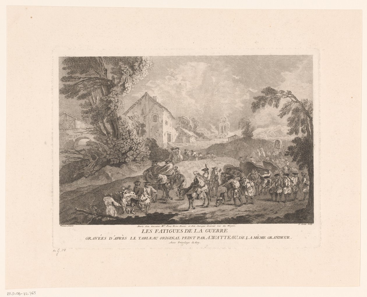 Landskab med en gruppe soldater, der marcherer med Les Fatigues de la Guerre (titel på objekt) Tryk efter Antoine Watteau (serietitel) L