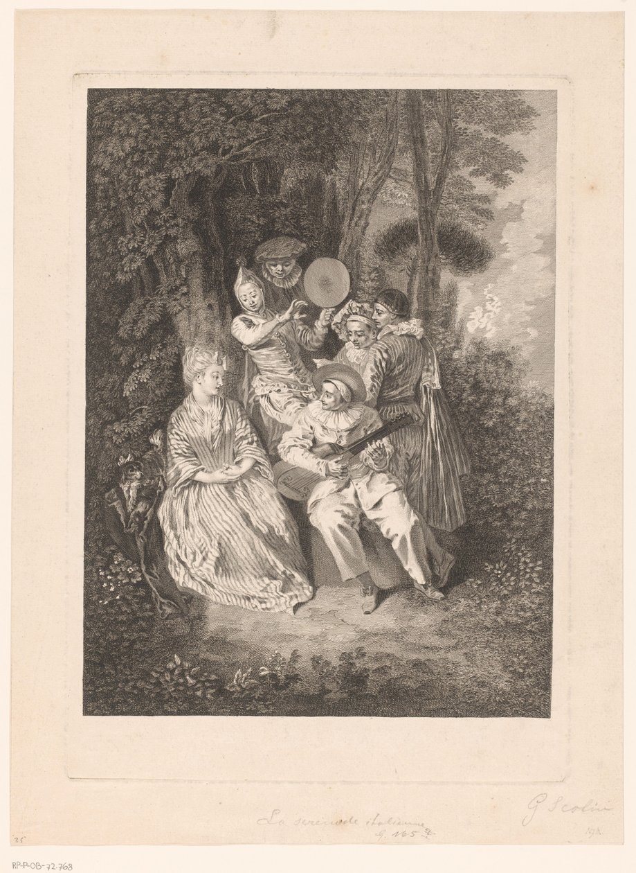 Parklandskab med teaterfigurer, der serenade en dame La Serenade Italienne (titel på objekt) Tryk efter Antoine Watteau (serietitel) L