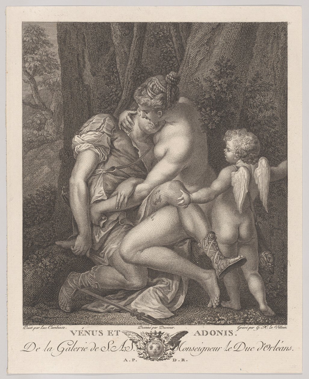 Venus sørger over Adonis, sidder under et træ og omfavner ham, med Amor til højre, c..., ca. 1786. af Gérard René Le Vilain