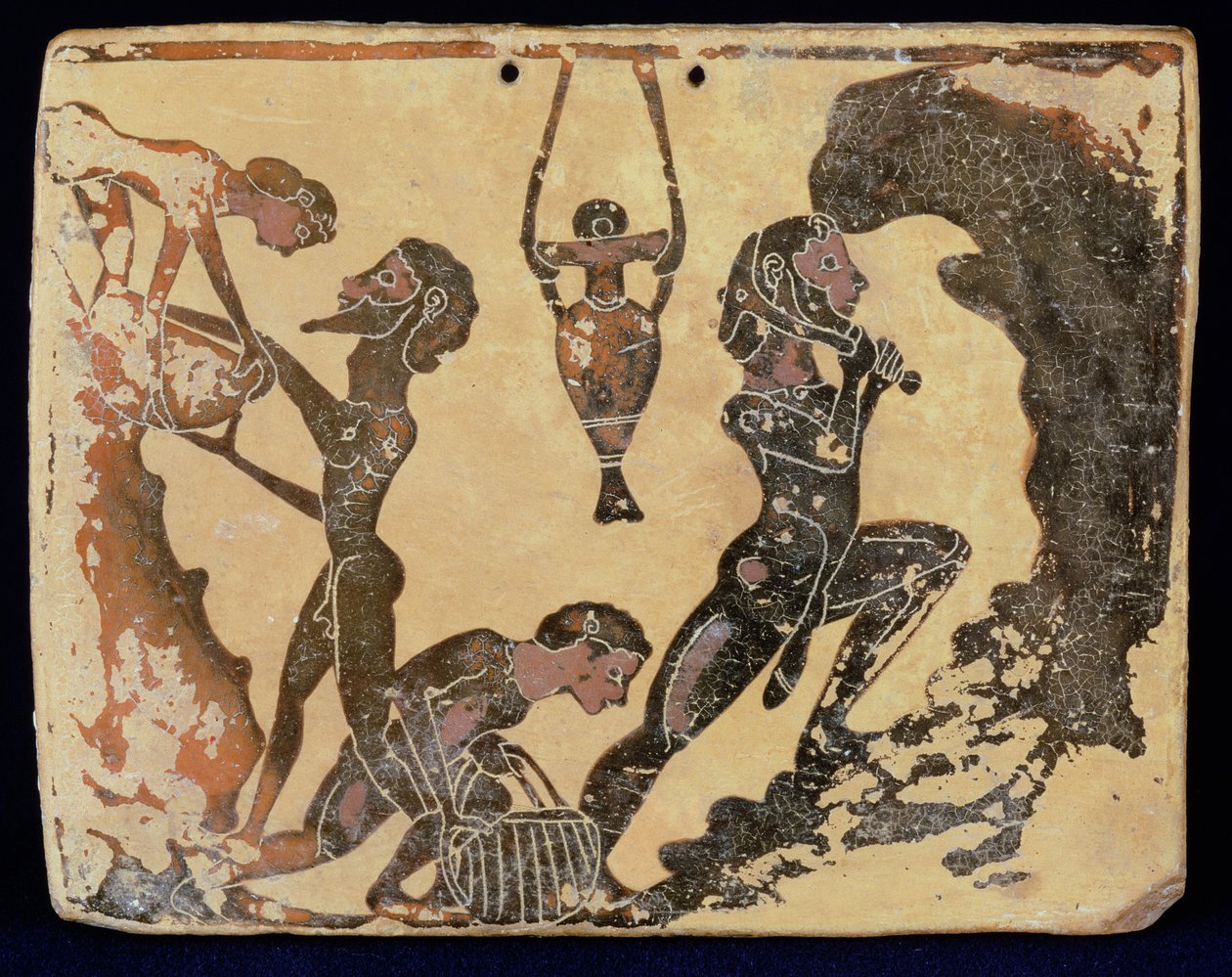 En korintisk plakette, der forestiller arbejdere i en lergrav, fra Penteskophia nær Korinth, 575-550 f.Kr. (ler) af Greek