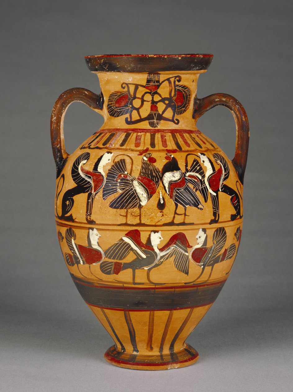 Athensk atisk tyrrhensk amfora med sort figur 575-50 f.Kr. (terracotta) af Greek