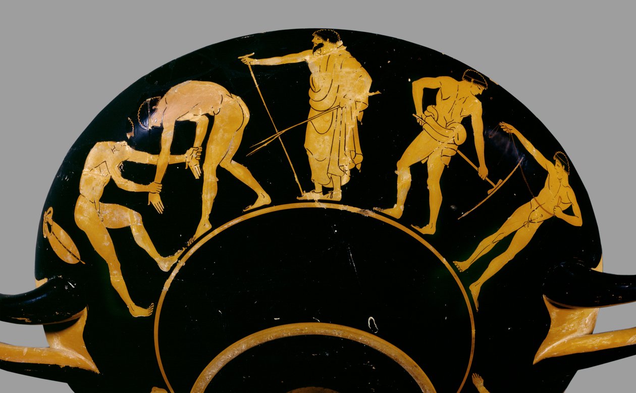 athensk rød-figur kop; skildring af en træner med brydere og andre atleter, 480 f.Kr. (keramik) af Greek