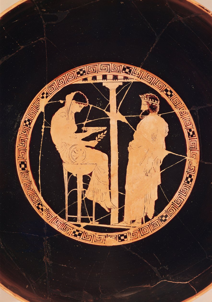 Athenisk kylix med rødfigur, der forestiller Ægeus, Athens konge, der konsulterer det delfiske orakel (keramik) af Greek