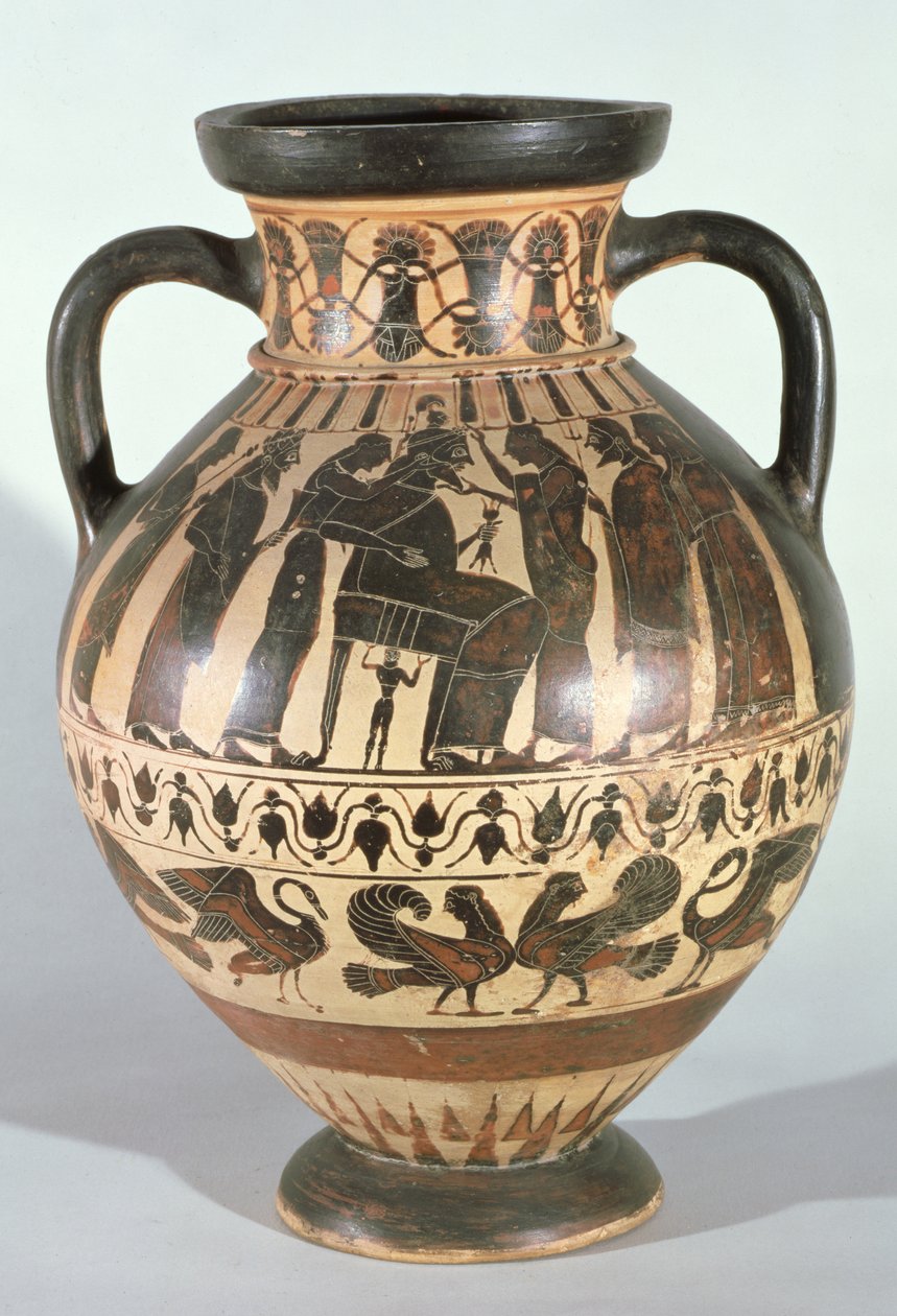 Attisk korinthisk amfora, der forestiller Zeus på sin trone under Athenas fødsel (keramik) af Greek
