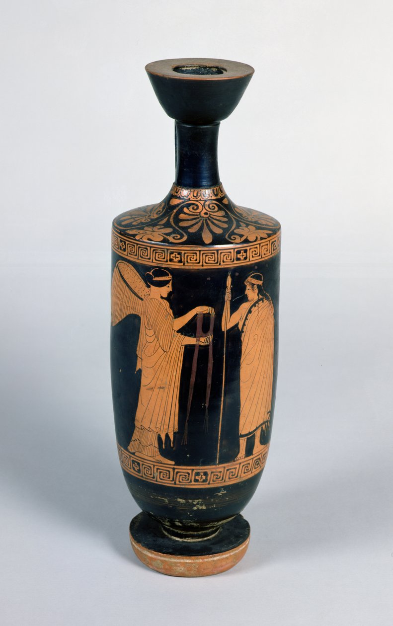 Attic Lekythos, der forestiller en nike (bevinget sejr), der tilbyder en krans til en ungdom, ca. 480-470 f.Kr. (keramik) af Greek