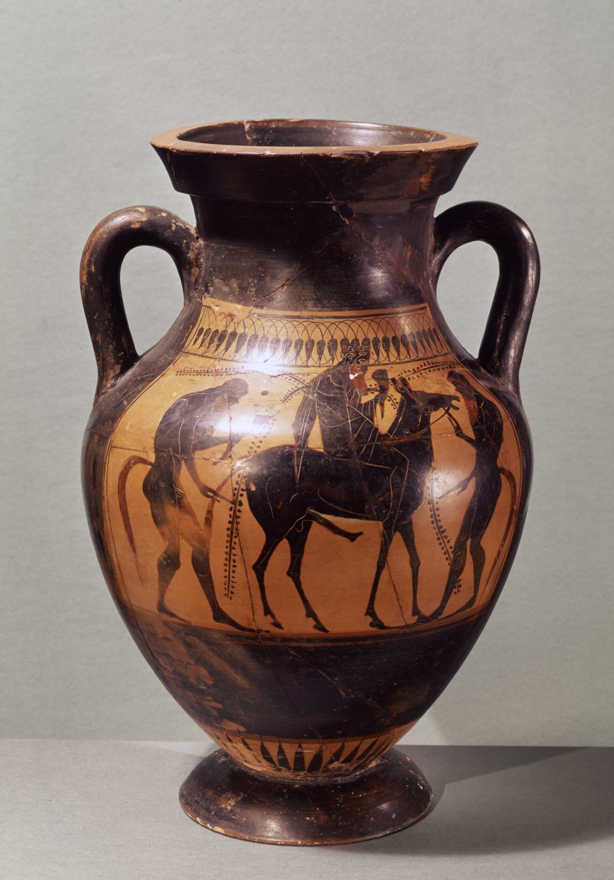 Attisk sort, figuramfora forestillende Dionysos på et muldyr og to Silener, ca. 510 f.Kr. (keramik) af Greek