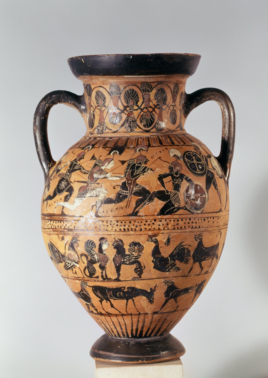 Attic sort figur amfora skildrer krigere, der kæmper og fantastiske dyr (keramik) af Greek
