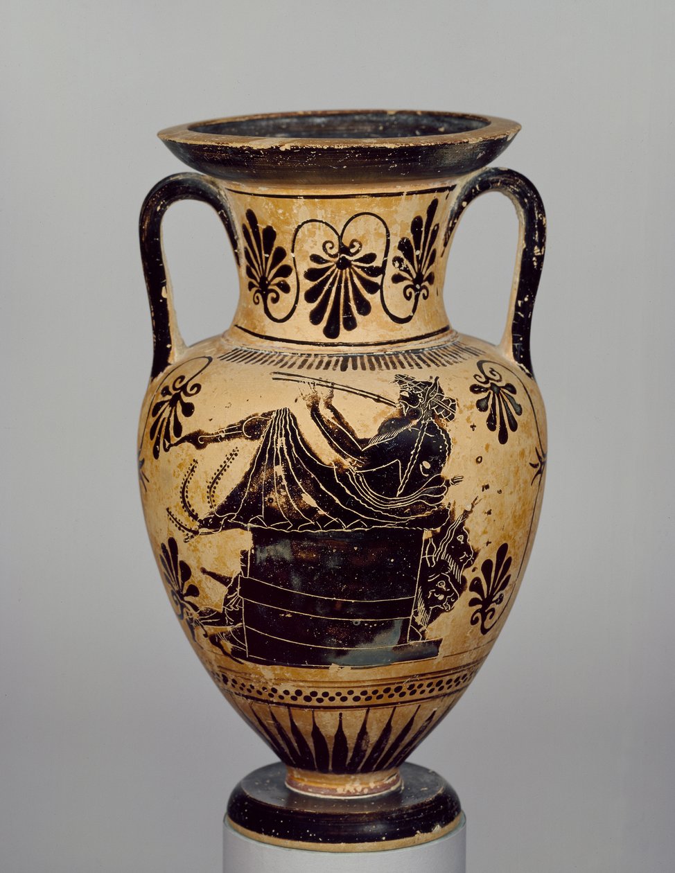 Attic sort-figur amfora en musiker, der spiller piber (keramik) (for omvendt se 103376) af Greek