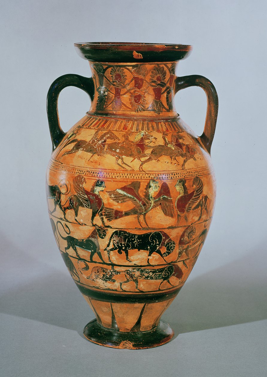 Attic sort-figur amfora dekoreret med dyr, heste og ryttere og fantastiske dyr (keramik) af Greek