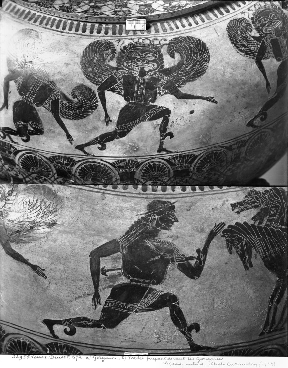 Attic sort-figur dinos forestillende Perseus flygter fra Gorgons, ca. 590 f.Kr. (keramik) af Greek