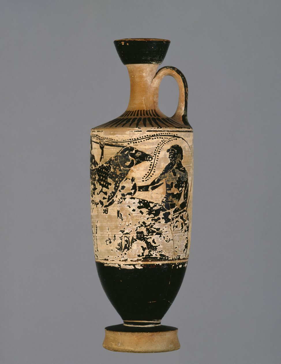 Attisk sortfigur lekythos dekoreret med Odysseus, der flygter fra kyklopen Polyphemus, af Theseus-maleren, ca. 500-450 f.Kr. (keramik) af Greek