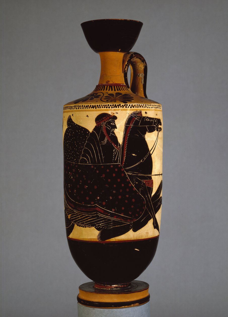 Attisk lekythos med sort figur, der forestiller Poseidon, 6.-5. århundrede f.Kr. (keramik) af Greek