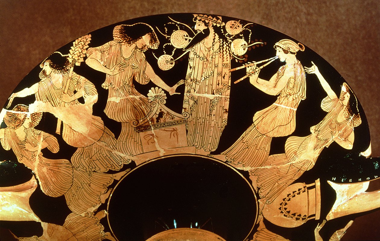 Attisk rød figur kylix, der forestiller Dionysos og Maenaderne, af maleren Makron, ca. 490-80 f.Kr. (keramik) af Greek