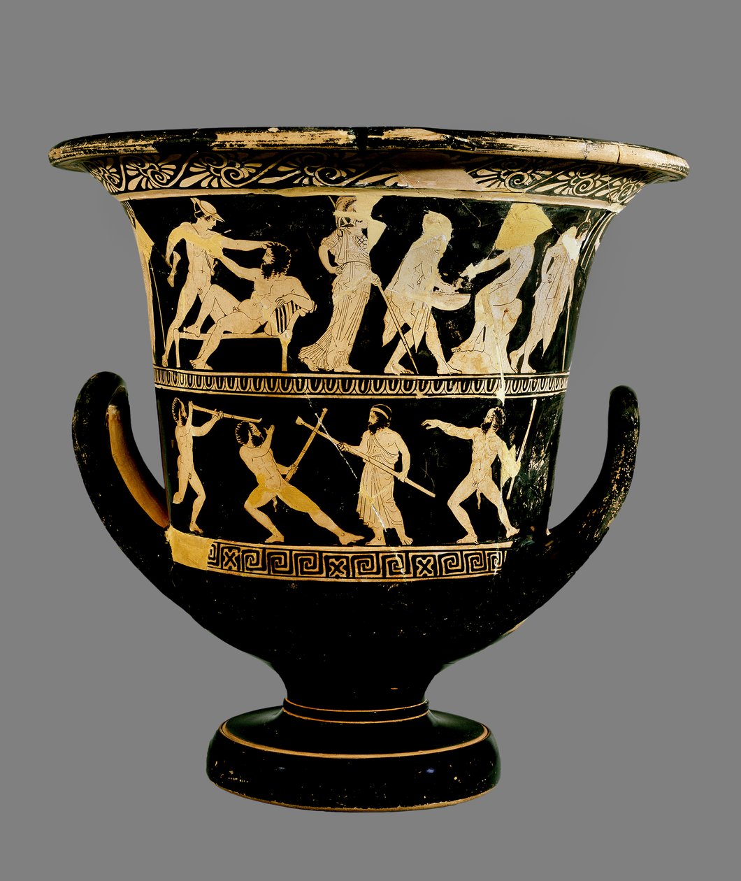 Attisk rødfiguret bægerkrater med to overlejrede billedfriser, der viser Theseus