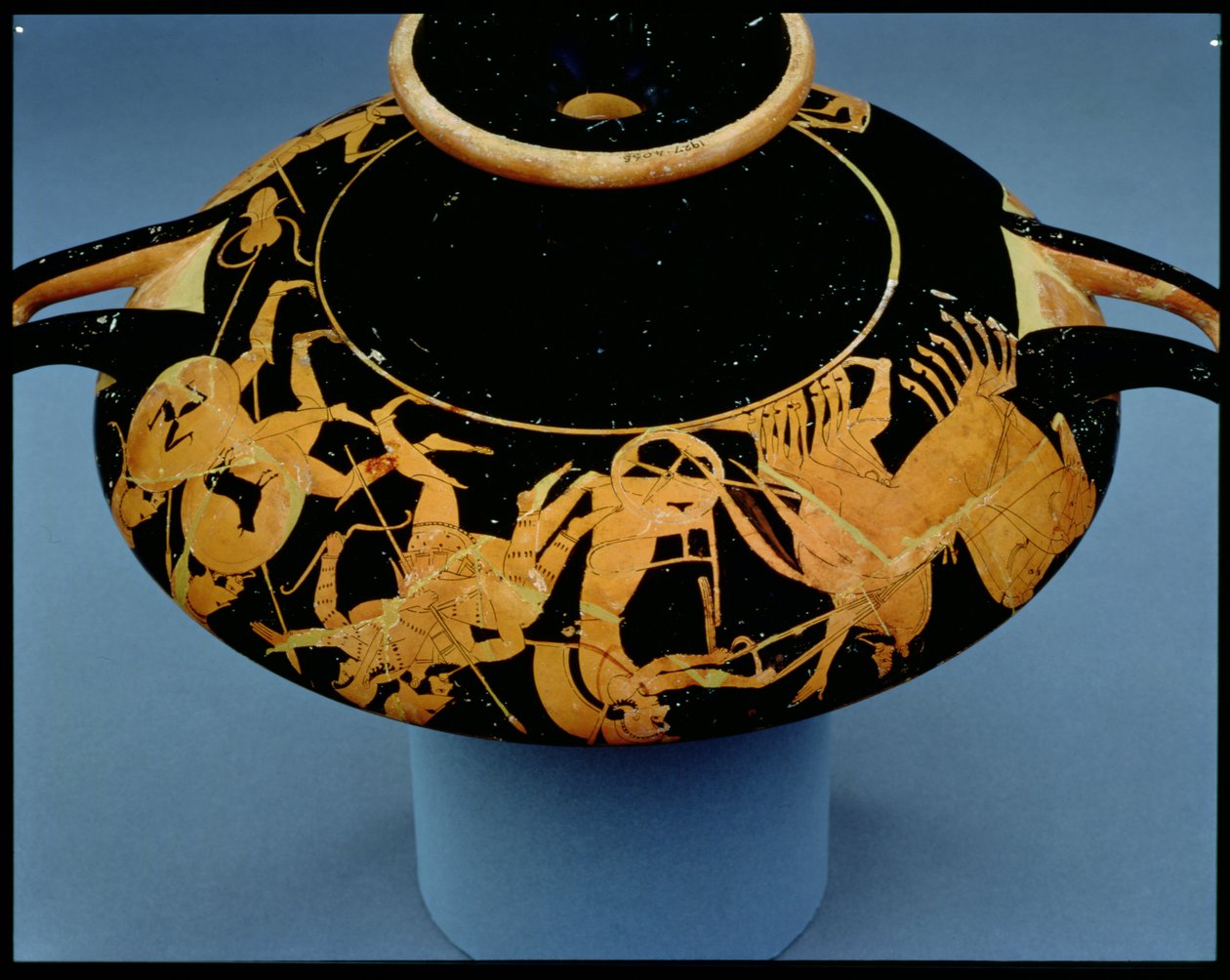 Attic rød-figur kop dekoreret med en vognmand og krigere, af Oltos, ca. 510 f.Kr. (keramik) af Greek