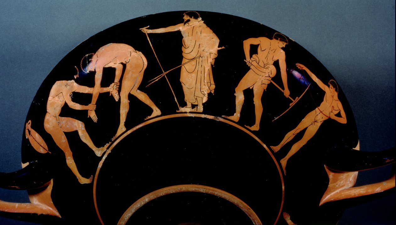 Attisk rødfigur kylix, der viser atleter, der træner (keramik) (se også 103375) af Greek