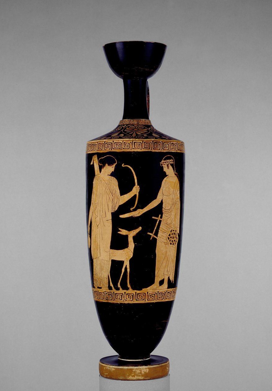 Attic rød-figur lekythos dekoreret med Apollo og Artemis med en hjort, 5. århundrede f.Kr. (keramik) af Greek