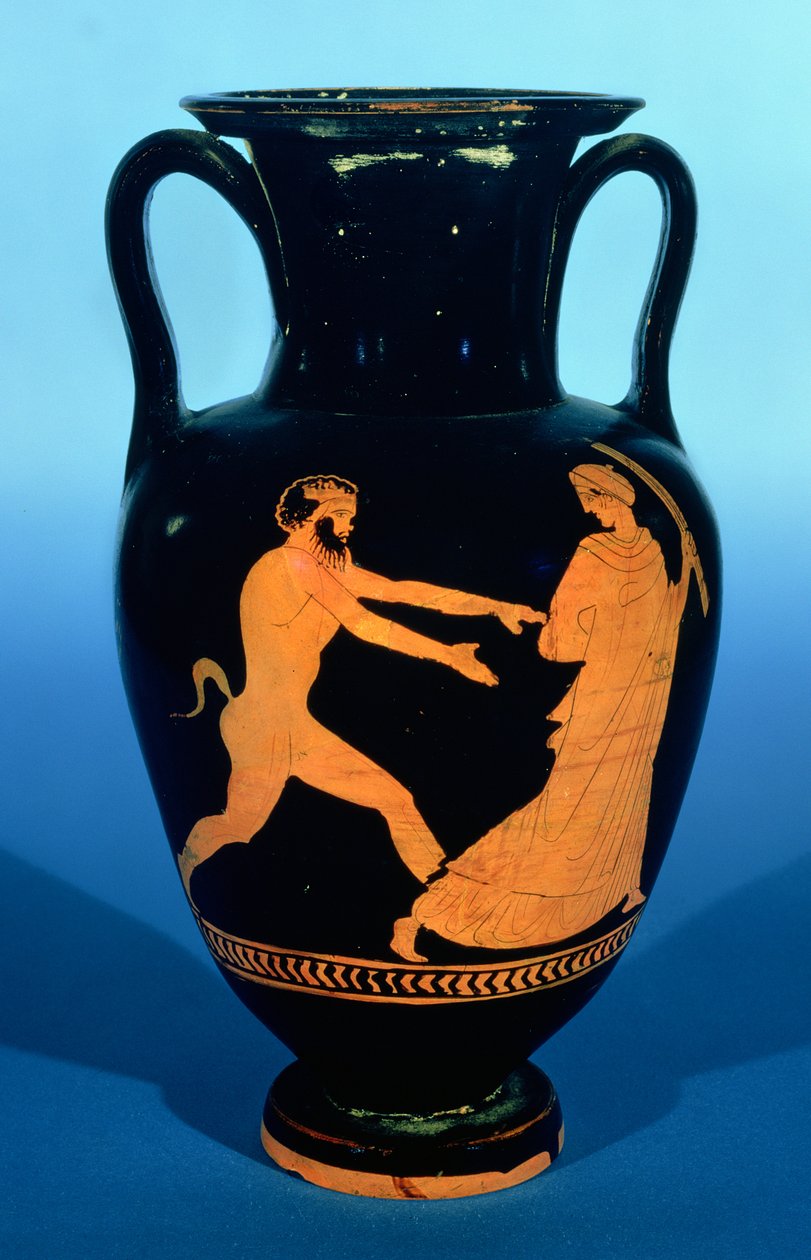 Attic rødfigur nolan amfora, dekoreret med en dame, der bliver jagtet af en satyr, ca. 450-440 f.Kr. (keramik) af Greek