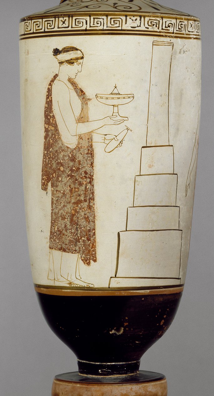 Attic white-ground lekythos viser en kvinde og en ung ved en grav (keramik) af Greek