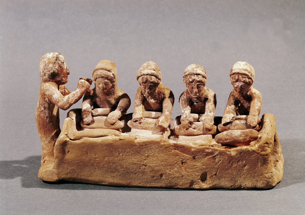 Bagere, der ælter dej til lyden af en fløjte, fundet i Theben, Boeotia, 6. århundrede f.Kr. (terracotta) (se også 365020) af Greek