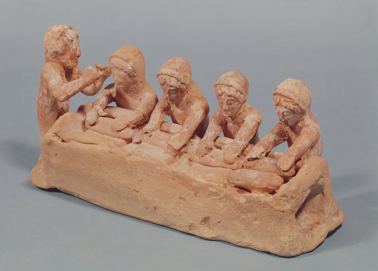 Bagere, der ælter dej til lyden af en fløjte, fundet i Theben, Boeotia, 6. århundrede f.Kr. (terracotta) (se også 155945) af Greek
